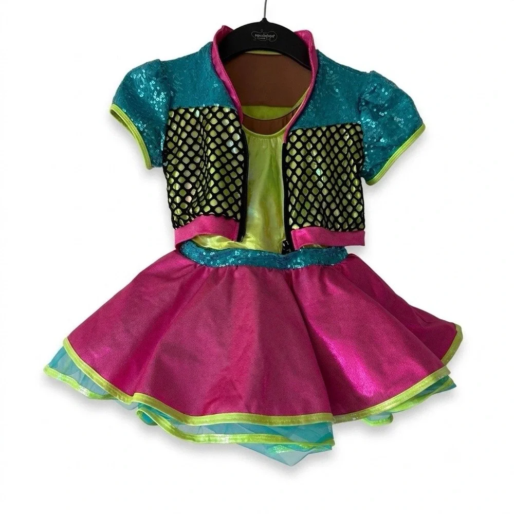 Revolution Dance Costume MEDIUM CHILD Neon Pink Yellow w/ Jacket & Hanger